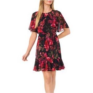 Cece floral Mon dress flutter sleeves red black shift style size large